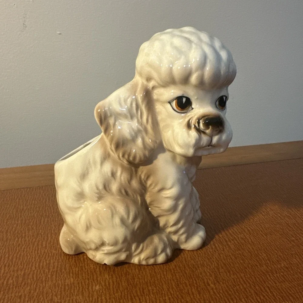 Precious Poodle Lefton Planter‎ H-4906 Puppy Dog Eyes Home Decor Cream And Brown